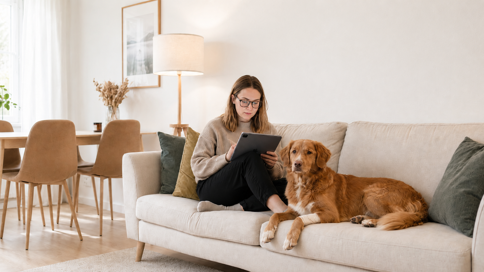 Pet care provider with a dog in a bright living room